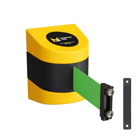 Montour Line Retractable Belt Barrier YW Magnetic Wall Mount 20' Green Belt (M) PWM300-YW-GN-M-M-200